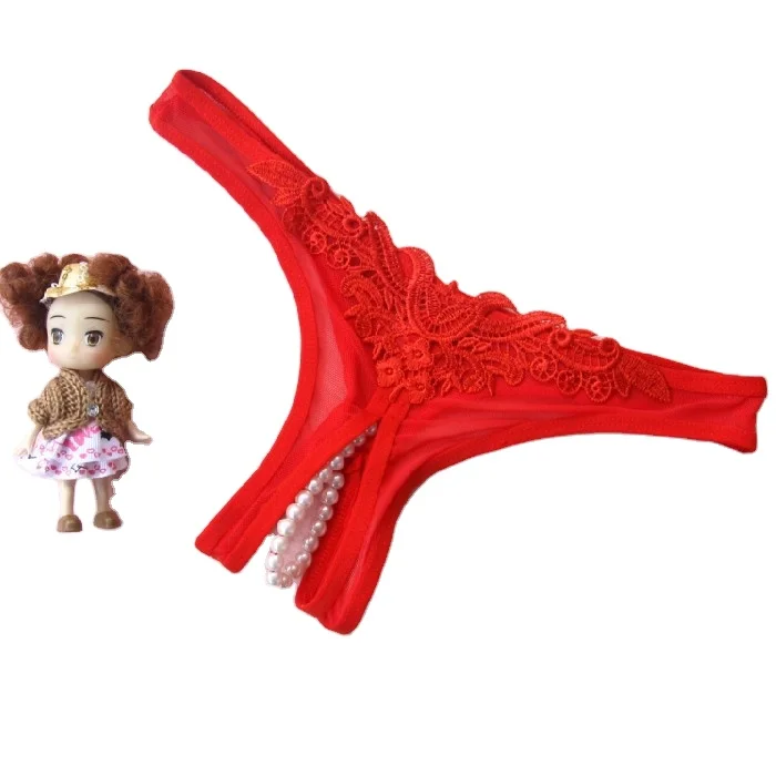 Ladies Open Crotch Erotic T-back Panties Seductive Briefs Lace Mesh Thong  Sexy Lingerie With Pearl