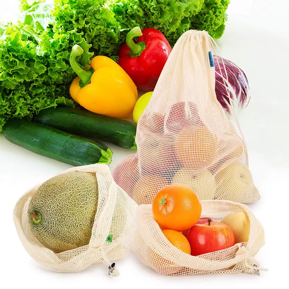 Reusable Produce Bags Organic Cotton Set Mesh Produce Bags with Drawstrings Half Mesh Grocery Tote Bag Zero Waste & Eco-Friendly