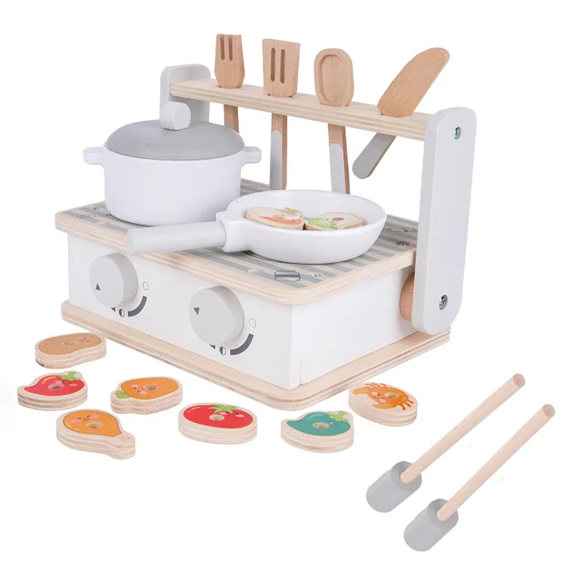 Wooden imitate barbecue set Mini kitchen toy small portable cook top kitchen toy Two-in-one assembly cooking food play toys