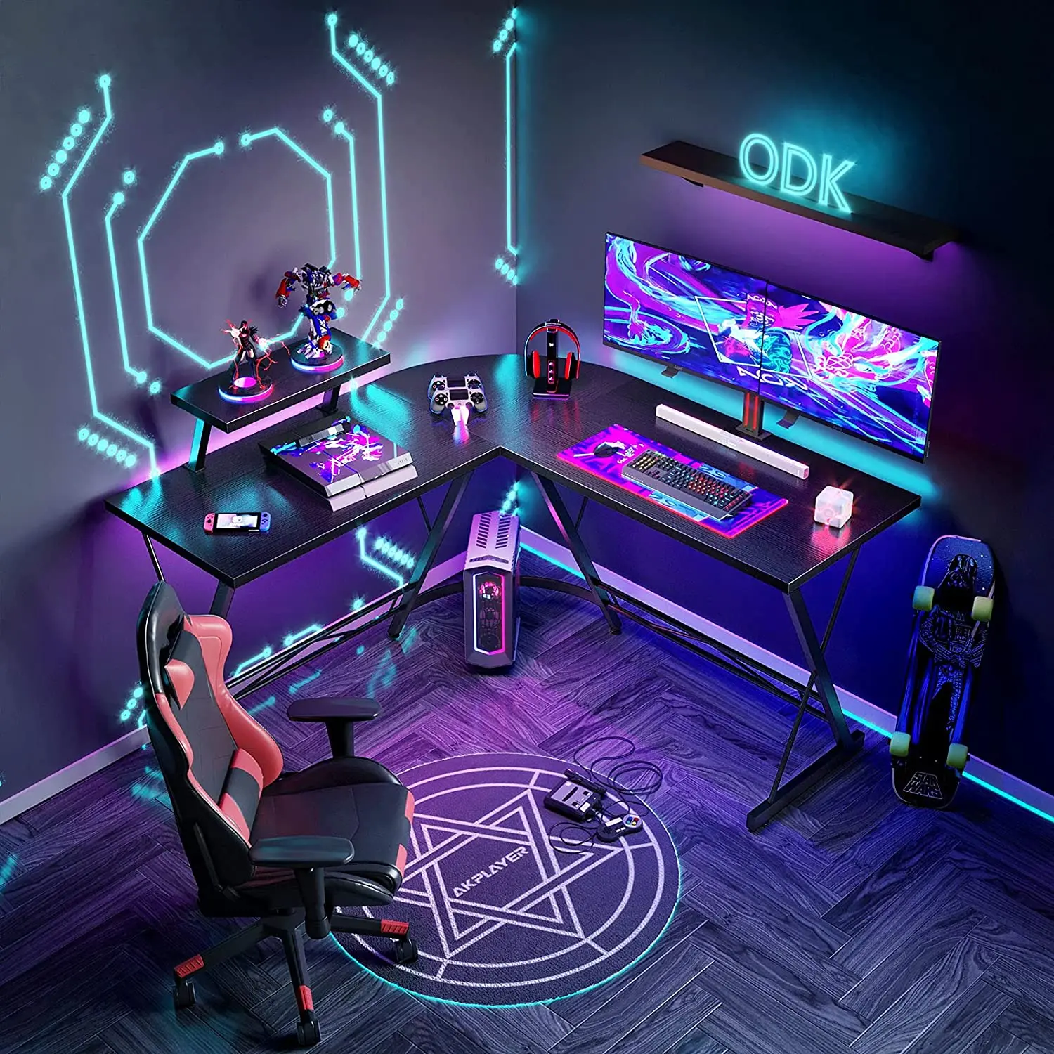 L-образный компьютерный стол для киберспорта, закругленный Угловой дизайн, регулируемый игровой стол