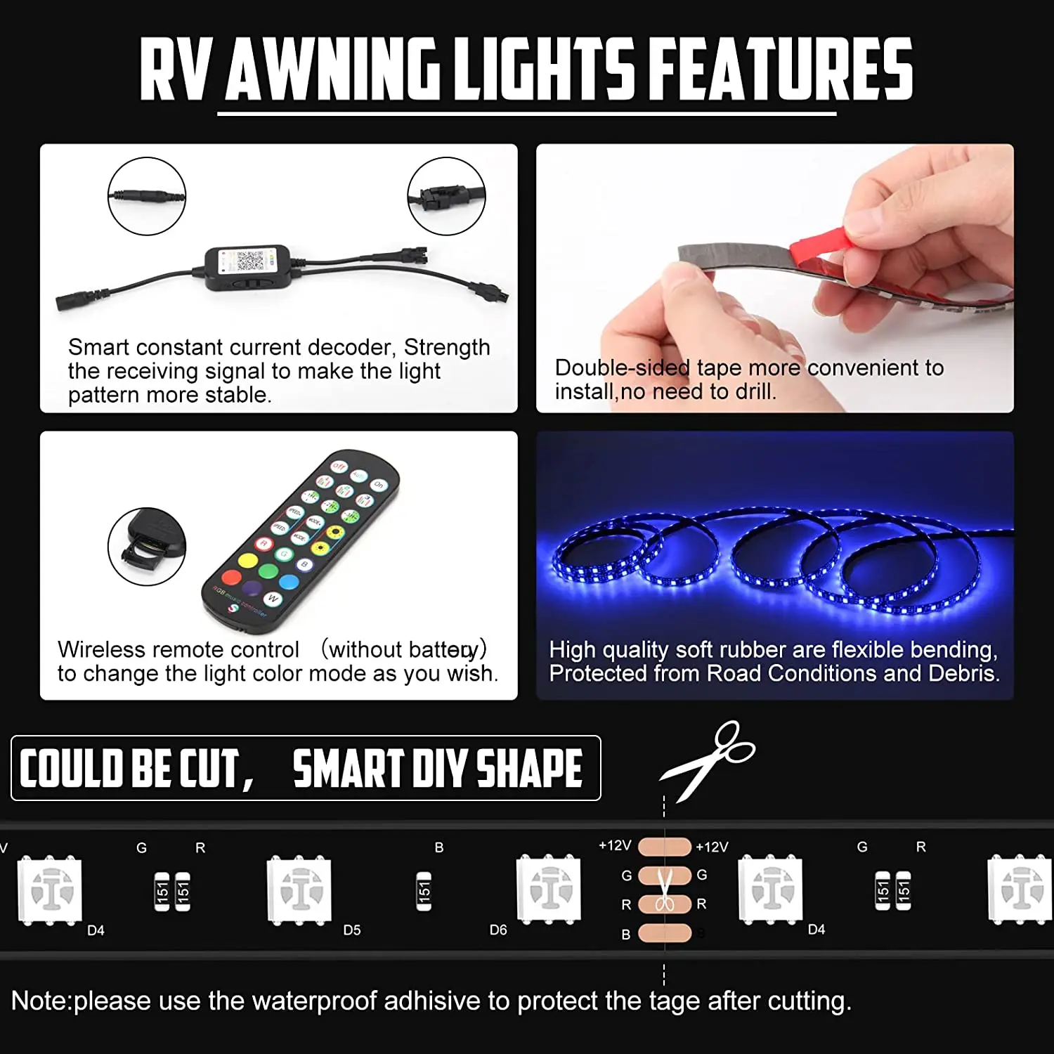 RV Led Awning Party Light RGB Camper Awning Lights 5M/16.4FT Waterproof 12V RV Outdoor Awning Lights with Smartphone APP / Remo