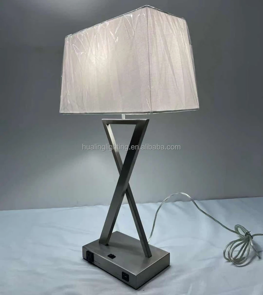 UL listed Best Western hotel project guestroom satin nickel nightstand table lamp X-131 with power outlet and USB port