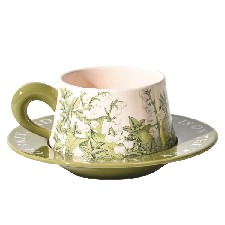 Vintage Ceramic Cup and Saucer Set with Retro Oil Painting Green Orchid Design Tea Cup and Saucer for Afternoon Tea Mug