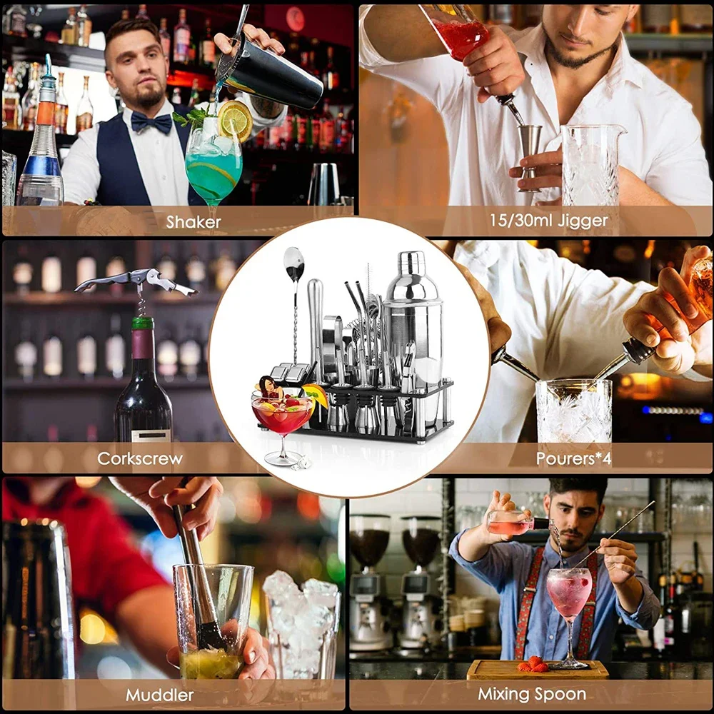 Travel Gift Barware stainless steel bar tool Bartender Kit Bar Accessories Jigger Cocktail Shaker Set with wooden stand