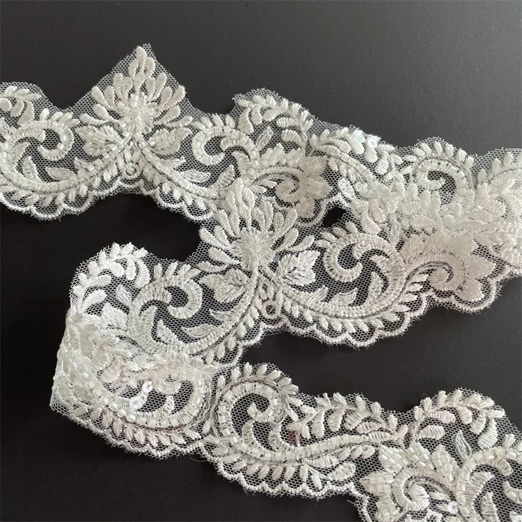 Wholesale Good Price 7cm Nylon Embroidery Lace Trim With Beads Sequins