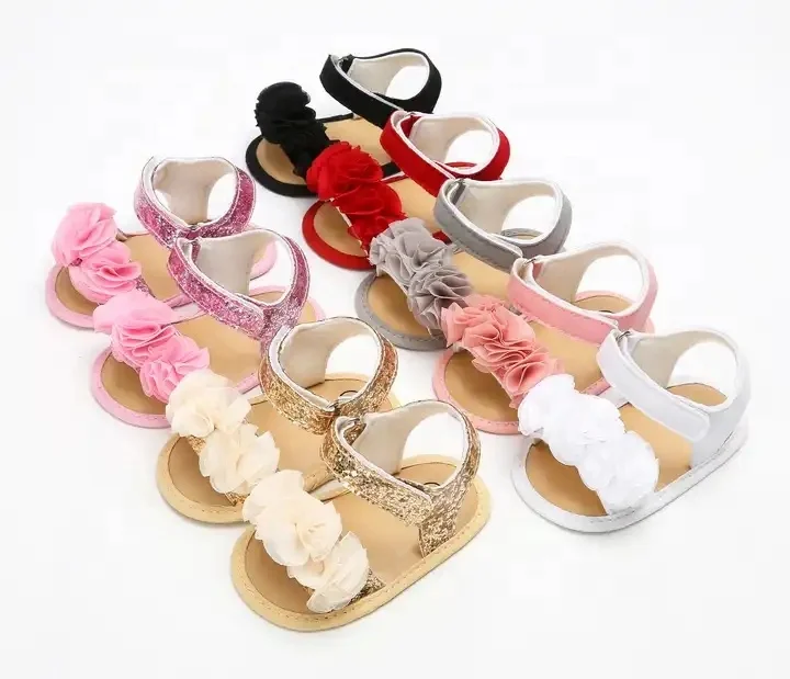 2024 Barefoot Summer Newborn Infant Leather Shoes Toddler Flowers Prewalker Kids PU Soft Sole First Walker Baby Girls Sandals