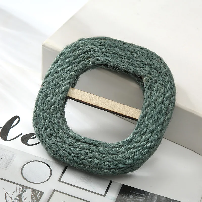 Creative dyeing colors rattan straw round buckle handmade wooden rattan woven square belt buckle