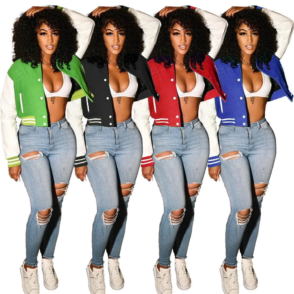 Guangzhou Wholesale Trendy Women Crop Top Baseball Gym Buttons Ribbon Neck Jacket