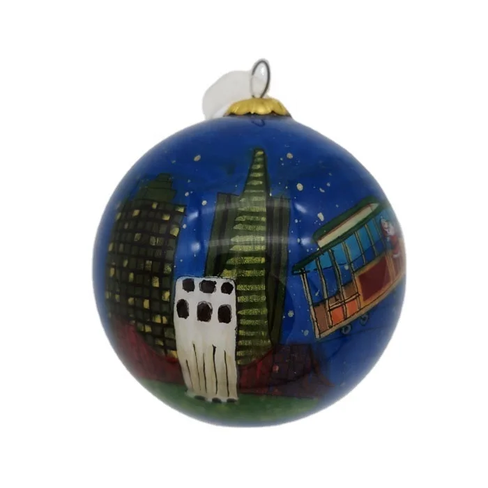 Custom Handmade Inside Painting Glass Ball 8cm Blue Round Inner Hand Painted Blown Glass Christmas Ball