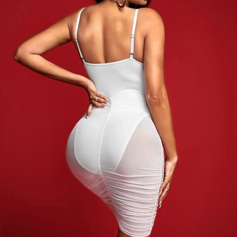 Garments customization supplier V neck solid color sleeveless boning front bodycon polyester and mesh blend fabric women dress