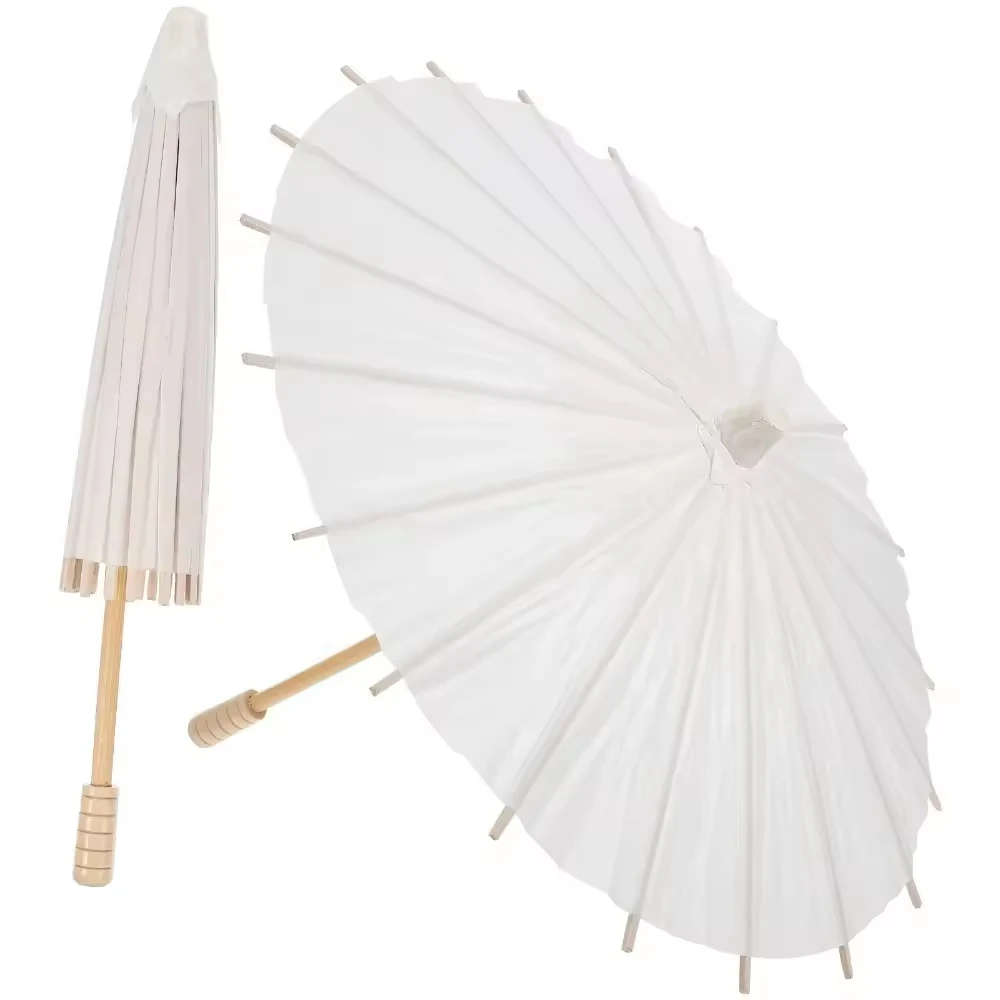 Wholesale Paper Wedding Umbrella White Parasols Custom Handmade Plain Craft Umbrella with Wooden Handle