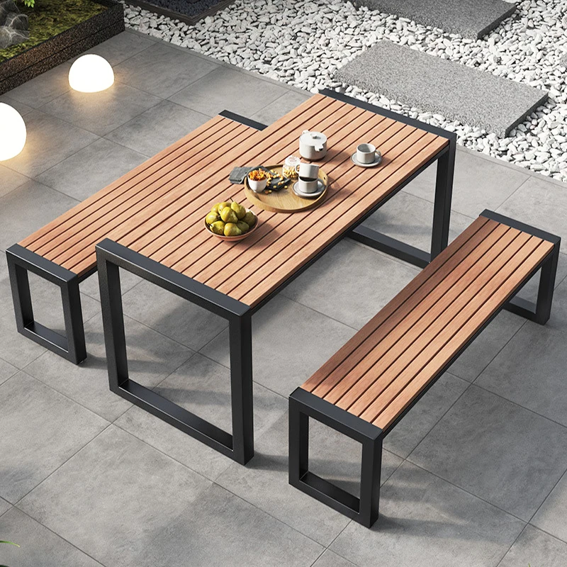 Park patio furniture outdoor garden wood plastic pvc composite wpc picnic dining metal steel table top chair set slat