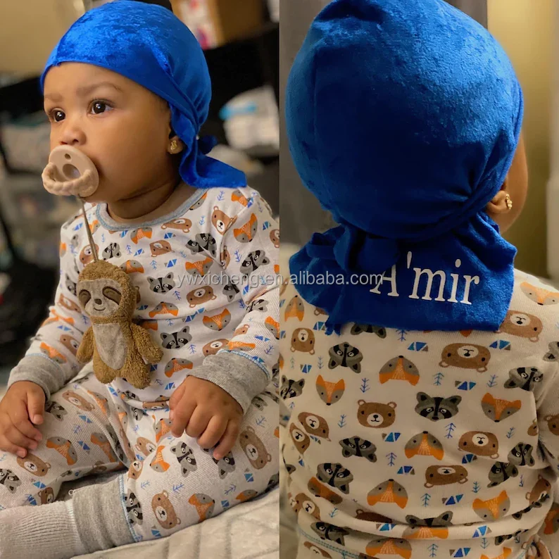 2022 New Kids Velvet Durags Bandana Turban Hat Dome Cap Turban Wide Band Stretchy Wig Cap Solid Color Hat Headwrap Designer