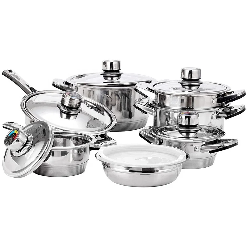 Bakelite and Stainless Steel Combined Handle Capsuled Bottom Stainless Steel Cookware Set with ss201 Lid and Thermometer