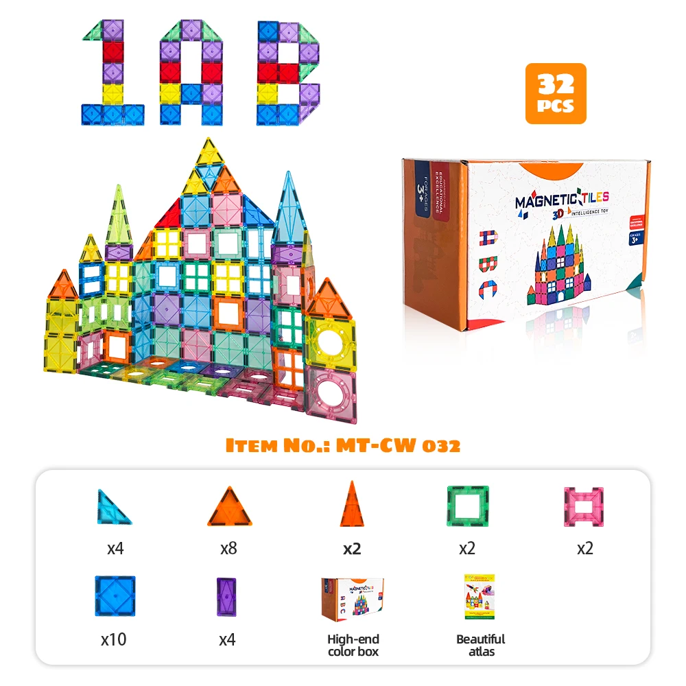 32 Piece Educational Kids Toy magnetic tiles Plastic Building Tiles Set with EN71 Certificate