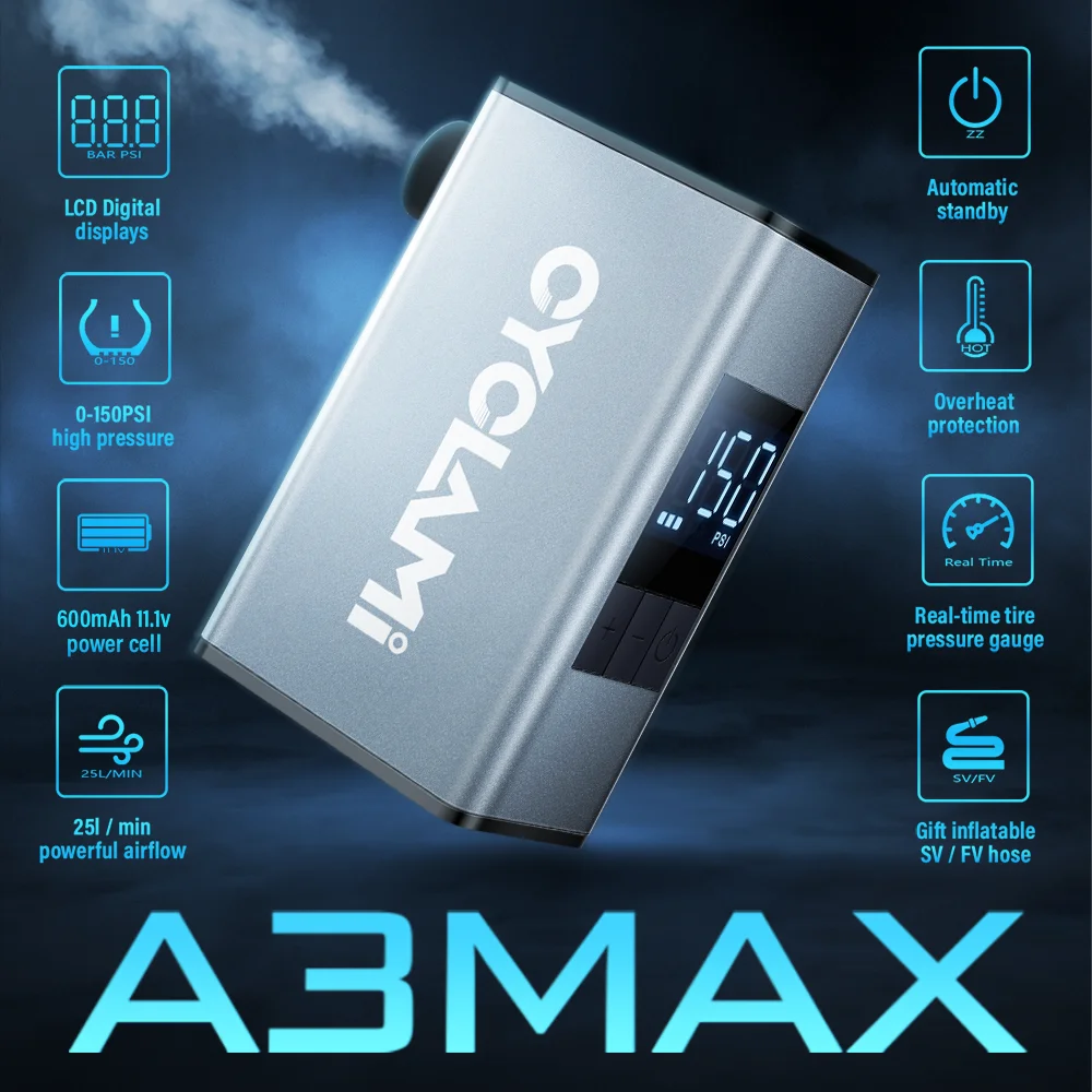 CYCLAMI Mini Bike Pump A3 Max Air Pump with Display 150 PSI Portable Mini Bicycle Inflator SV FV Valve Road MTB Bike Mini Pump