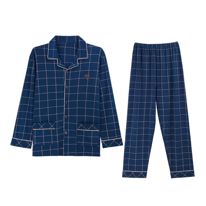 
2PCS Pajamas Men Cotton Long-sleeved Suit Plaid Large Size Sleepwear 