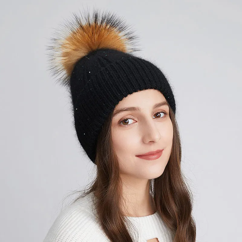 Factory Wholesale Winter Angola Wool Knitted Hats For Women Natural Fur Pompom Stripe Wide Cuff Beanie Fashion Ski Skull Hat New