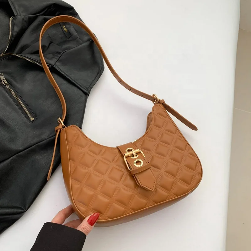 Wholesale Cool Pure Color Shoulder Bag Women PU Leather Underarm Bags Rhombus Indentation Handbags for Girls