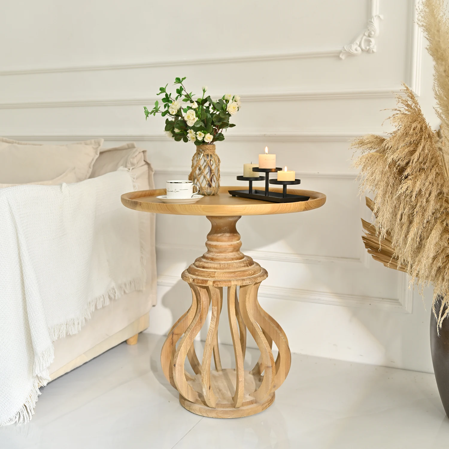 INNOVA Home farmhouse natural style round solid wood living room side coffee table