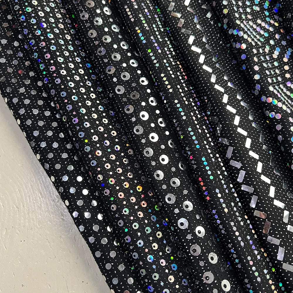 2023 New polyester black lurex metallic foil dot spandex jersey fabric silver sequin metallic lurex knit fabric for party dress