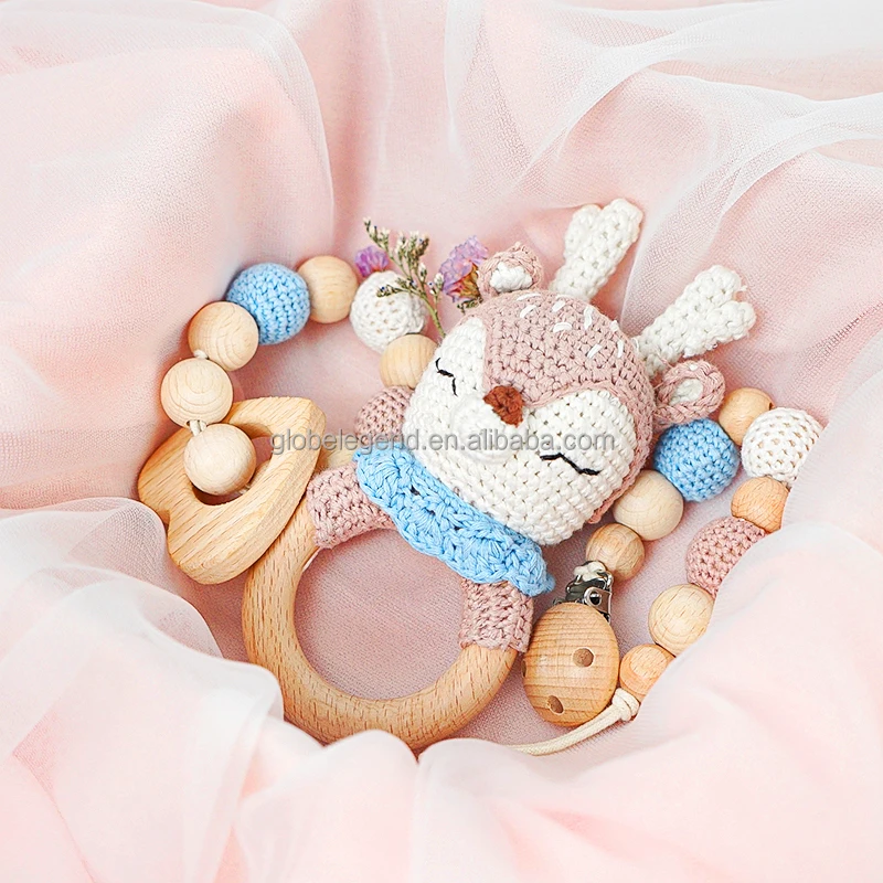 Custom Crochet Animals Cute Newborn Gift Set Wooden Teether Rattle Christmas Children  Baby Rattle Crochet Toys