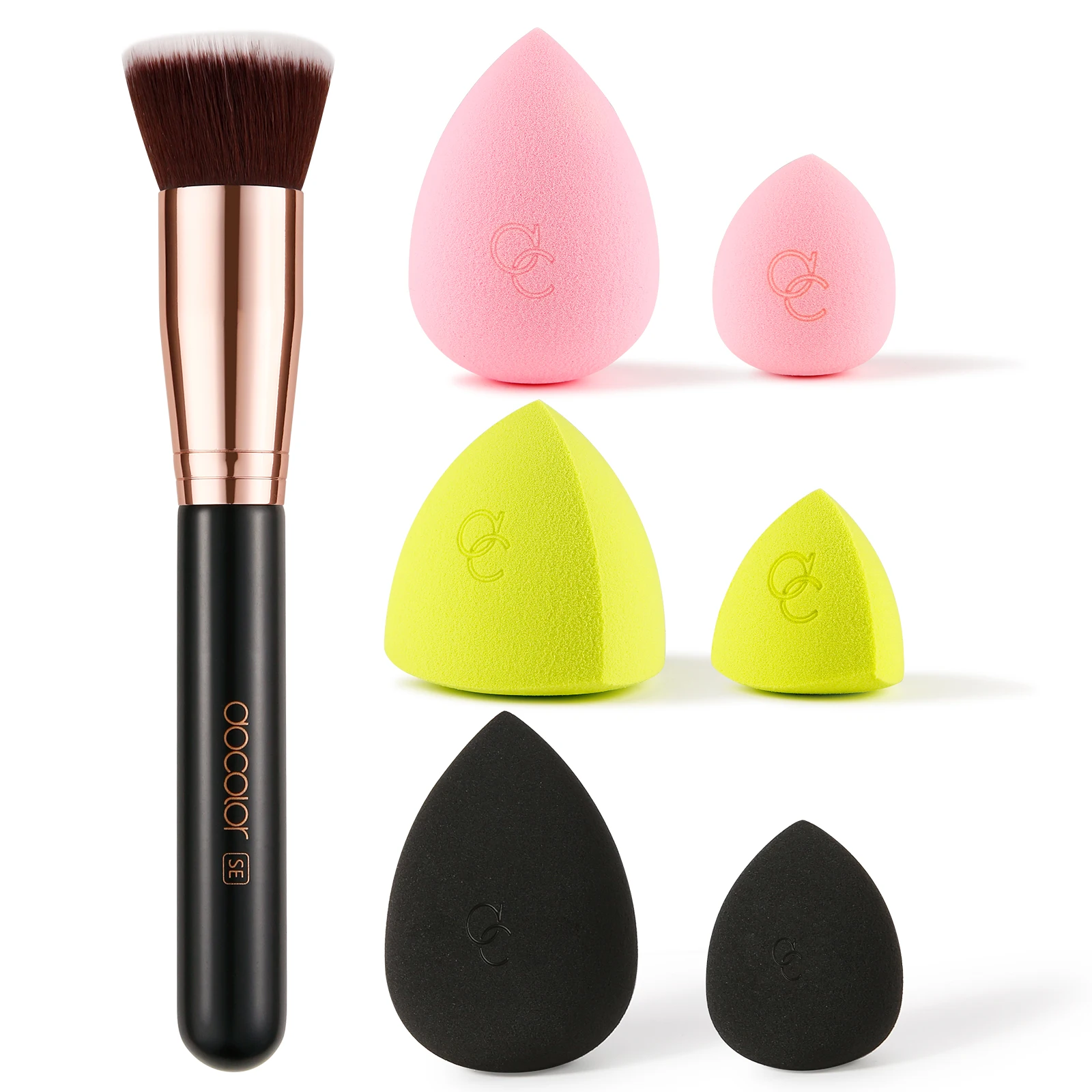 
Docolor MZD07 High quality Neon Makeup Sponge Collection - 6pcs With Flat Foundation Brush 