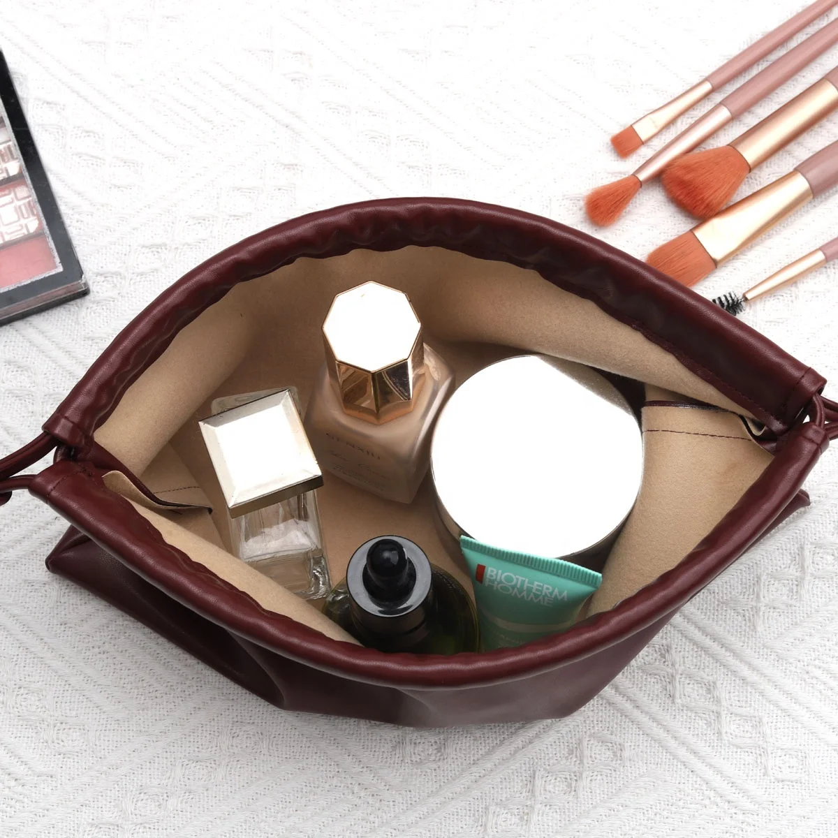 Wholesale Custom Logo Printing PU Leather Cosmetic Bag Waterproof Soft Leather Travel Makeup Brush Storage Cosmetic Pouch