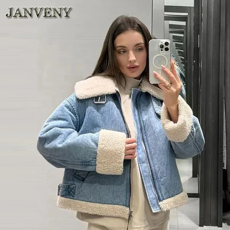 JANVENY 2024 New Fashion Lapel Lambs Wool Denim Cropped Jacket Women Oversized Thickened Long Sleeve Zipper Fleece Casual Coat