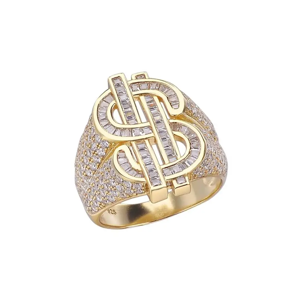 New Design Hip Hop 925 Silver Baguette Diamond Iced Out Cubic Zirconia Gold Plated Dollar Sign Rings For Men