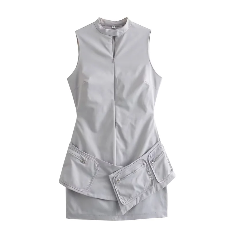 TAOP&ZA 2023 new autumn light gray tight zipper decorated mini skirt stand-up collar pocket belt short dress 8338242
