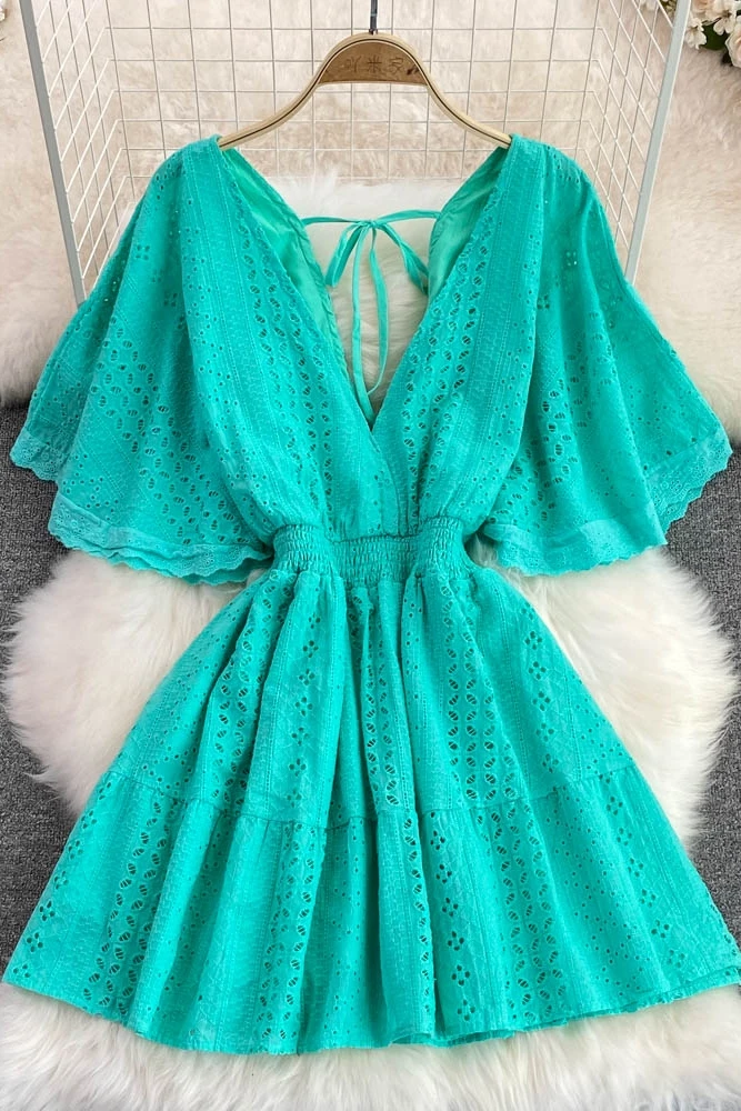 Boutique Wholesale 2023 Summer and Korean Fashion Hollowed-out Deep V-neck Waist Show Thin Ruffle Sleeve A-line Dress