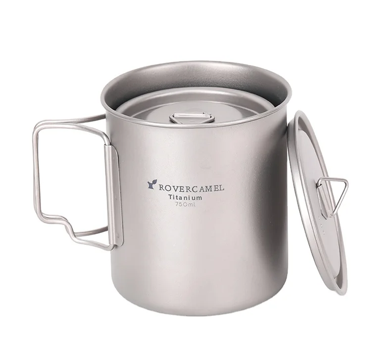 Hot selling 750ml Titanium Mug and 450ml Outdoor Portable Camping Picnic Water Cup Mug with Foldable Handle Camping Titanium Pot