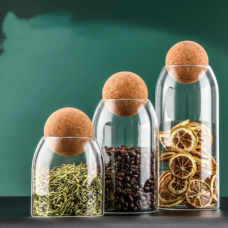 Modern Design Handmade Borosilicate Glass Jars with Wood Lid Cork Ball Stopper Glass Canister Jar for Food Storage in Kitchen