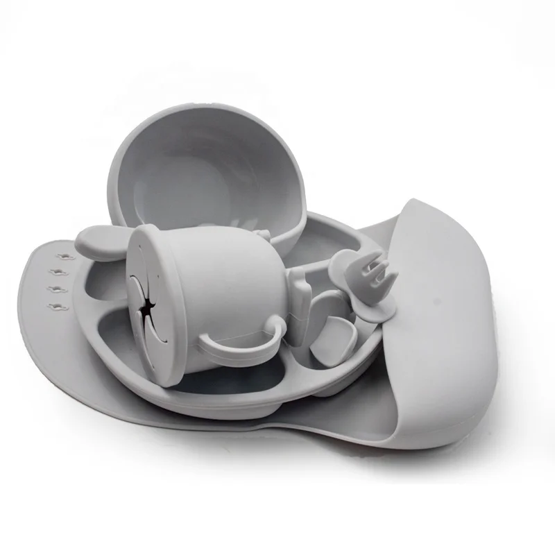 2023 Trending Supplies Eco Friendly Led Weaning Set Baby Tableware 8PCS Bib Plate Suction Bowls Silicone Baby Feeding Products