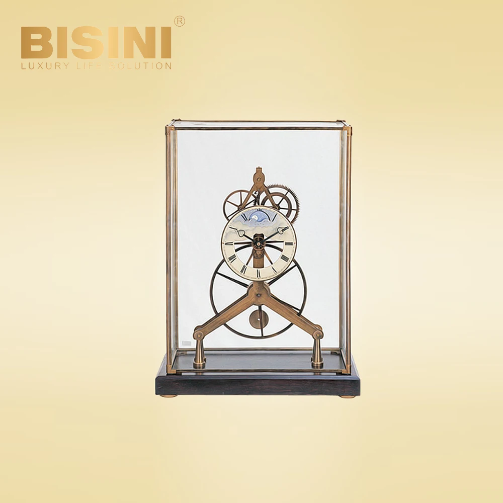 Frame table clock 18th Century French retro copper desk clock Mahogany base classical silent pedestal clock