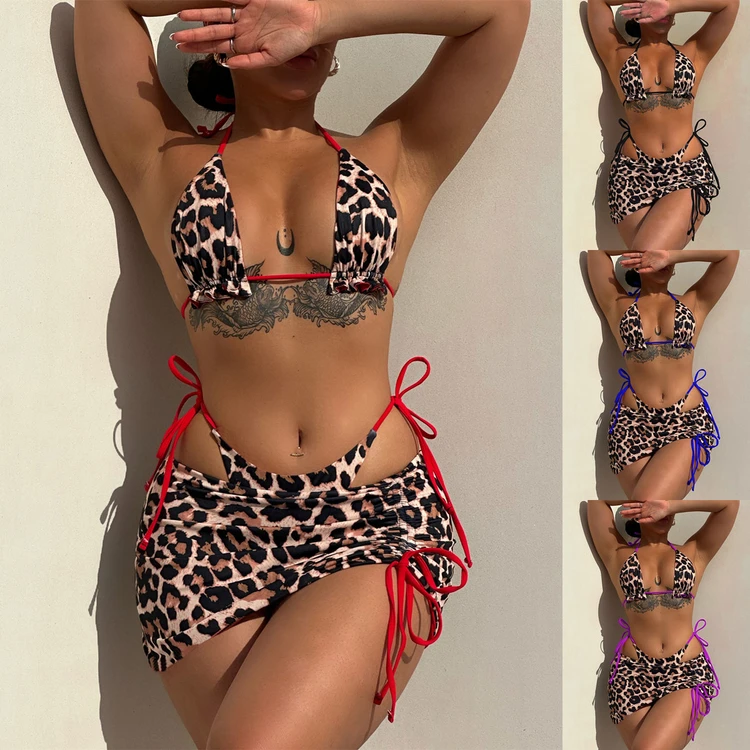Wholesale Cheetah Double Lined Tie Side Seamless Leopard Printed Bikini Cheeky 3 Piece Swimwear Beach Skirt