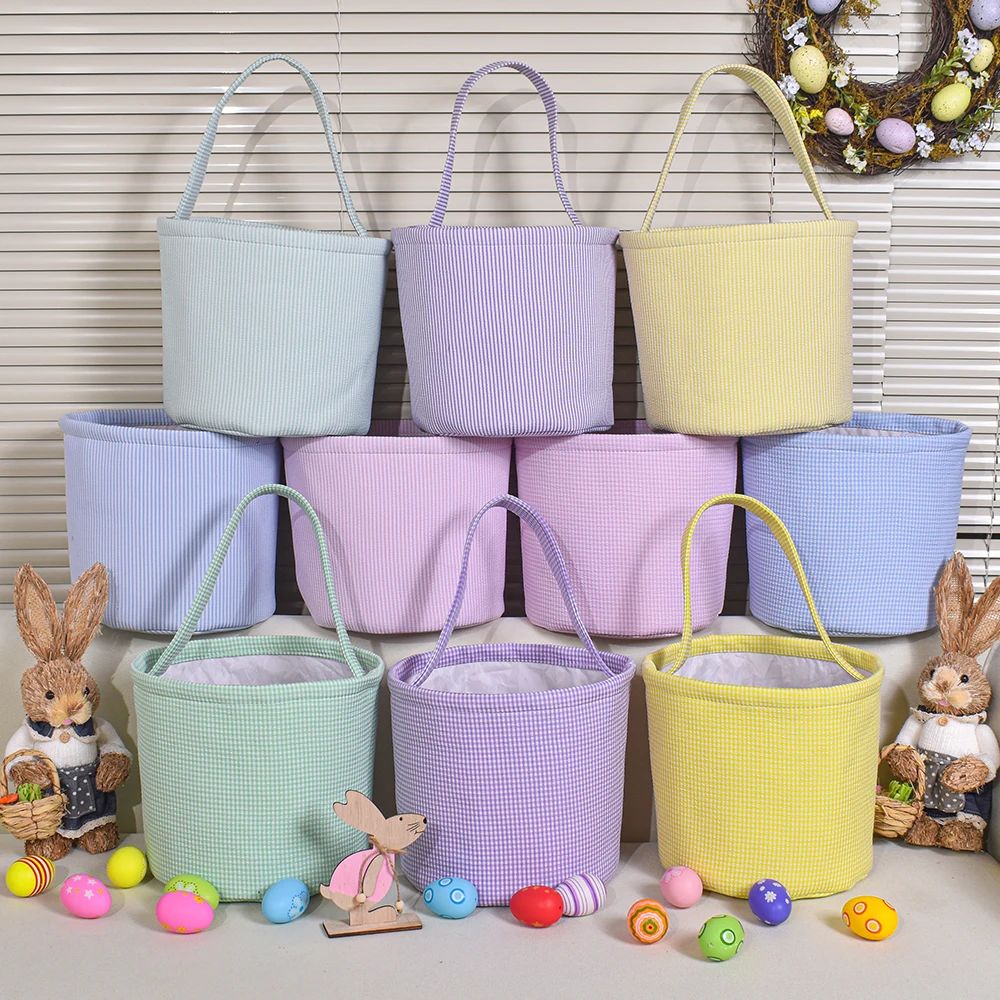 Easter Decoration Gift Egg Tote Bunny Bag Seersucker Easter Bucket Custom Kids Children Gingham Easter Basket