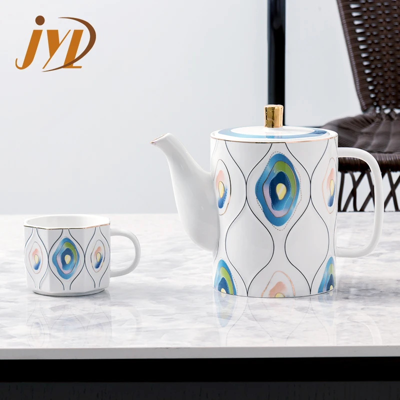 Middle Eastern Best Sell 1 Pot 4 Cups Porcelain Avocado Pattern Coffee & Tea Sets With Wooden Tray