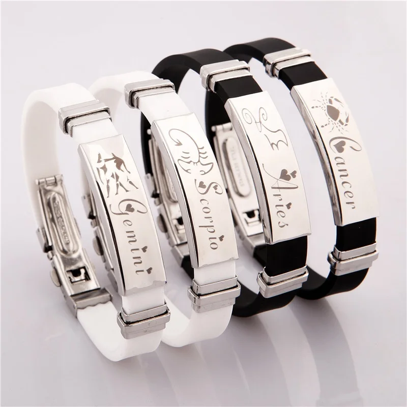 Whole sales black white adjustable wristband silicone zodiac bracelet
