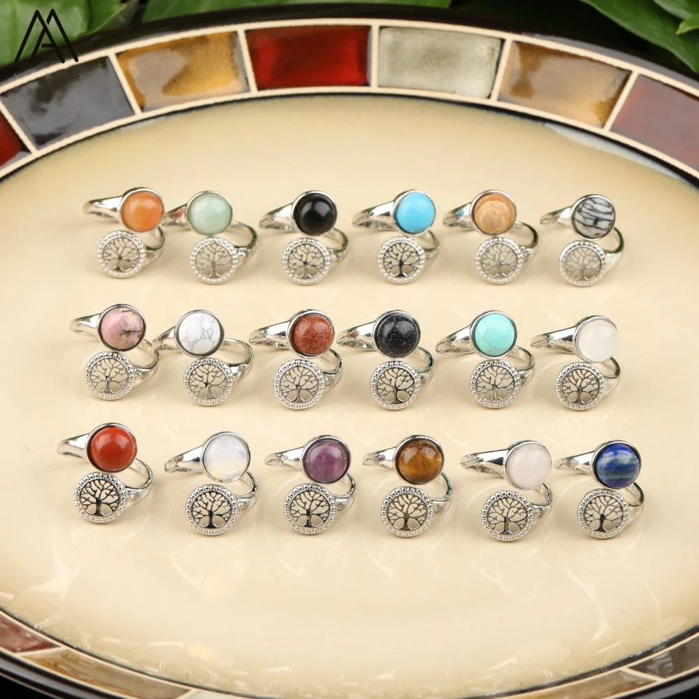 Silver Ring , Round Beads , Gemstone Crystal , Tree of Life , Reiki Chakra Jewelry