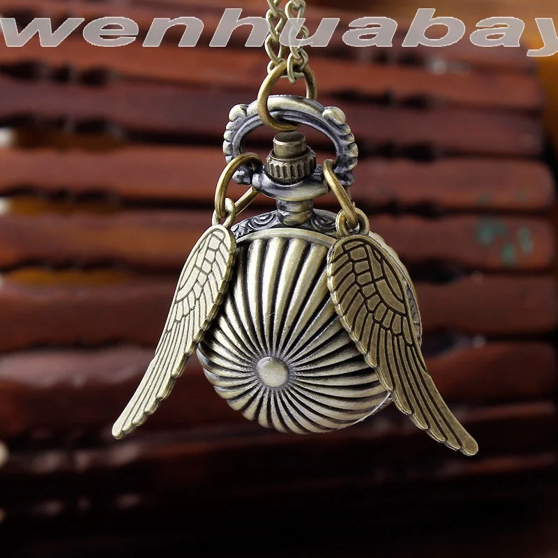 Retro Pocket Watch Necklace with Quartz Movement Silver Case Antique Style Featuring Golden Angel Wings Ball Heart