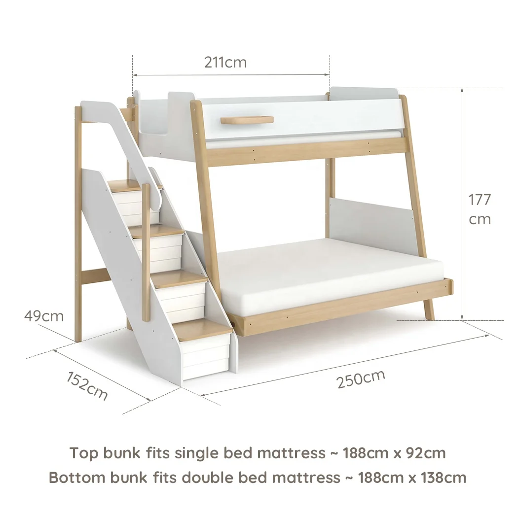 Only B2B Boori Wooden Bedroom Furniture Set Twin Over Full Double Bed Kids Bunk Bed With Storage Drawer Stairs