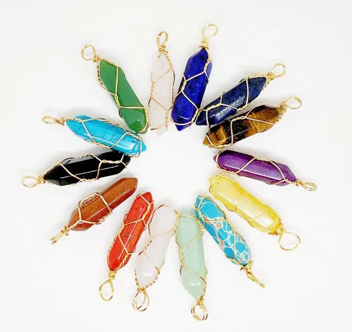 Brass Wire Wrapped atural Stone Bullet Shape Healing Hexagonal Prism Pendant Necklaces For Jewelry making
