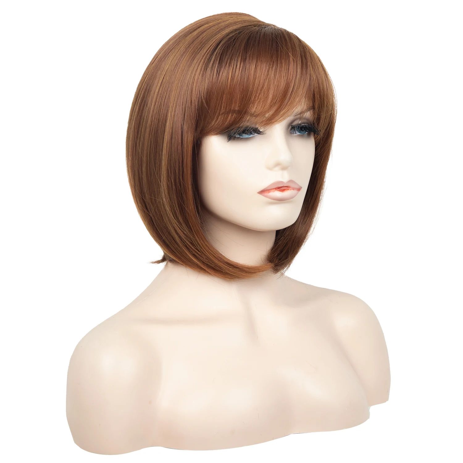 AliLeader Elegant Fashion Natural Straight Brown Short Bob Machine Made Synthetic Hair Wigs With Bangs For Women