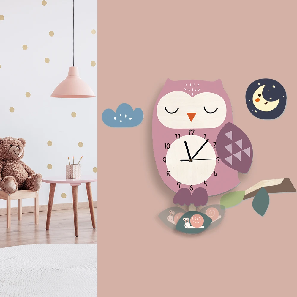 Funlife UWC016 Pink Owl Cartoon Cute Minimalist Wall Art Decoration Kids Room Wall Clock