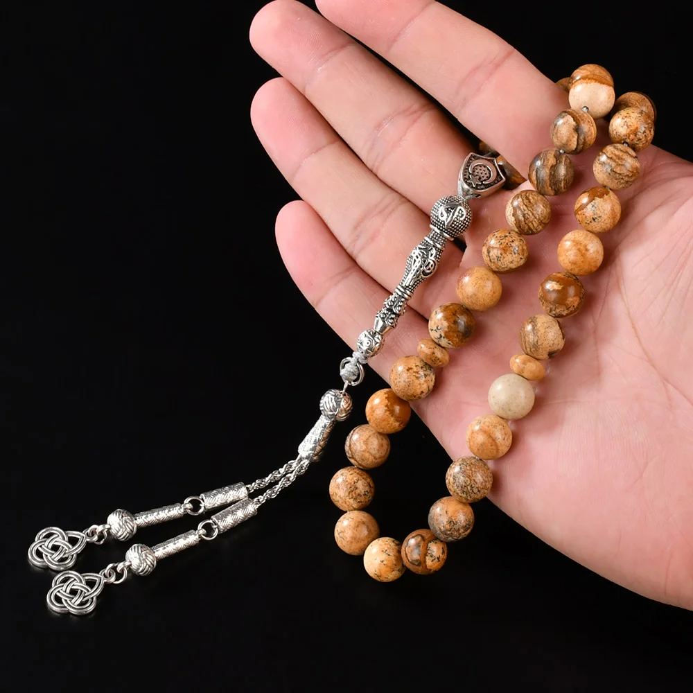 YS308 Factory price Religious Tasbih 10mm 33pcs Picture Jasper stone round Tasbih Muslim bracelet prayer beads