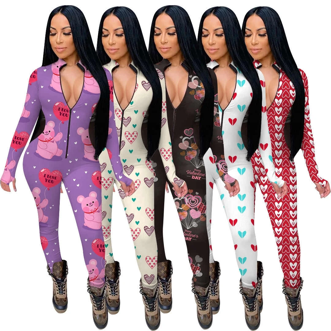 Wholesale Valentine Romper Women Long Sleeve Sexy Zipper Up Bodycon Jumpsuit Pajamas San Valentine Onesie