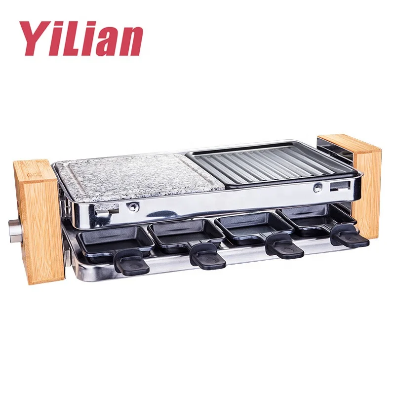 Adjustable thermostat control table 2 in1 8-person 1500w home indoor electric granite stone plate bamboo raclette grill