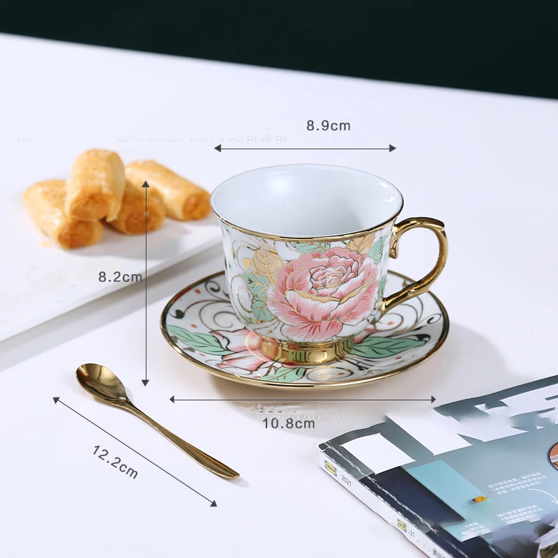 Custom Gift Box European Vintage Luxury Floral Porcelain Ceramic Coffee Tea Cup Set with Saucers Gold Spoon